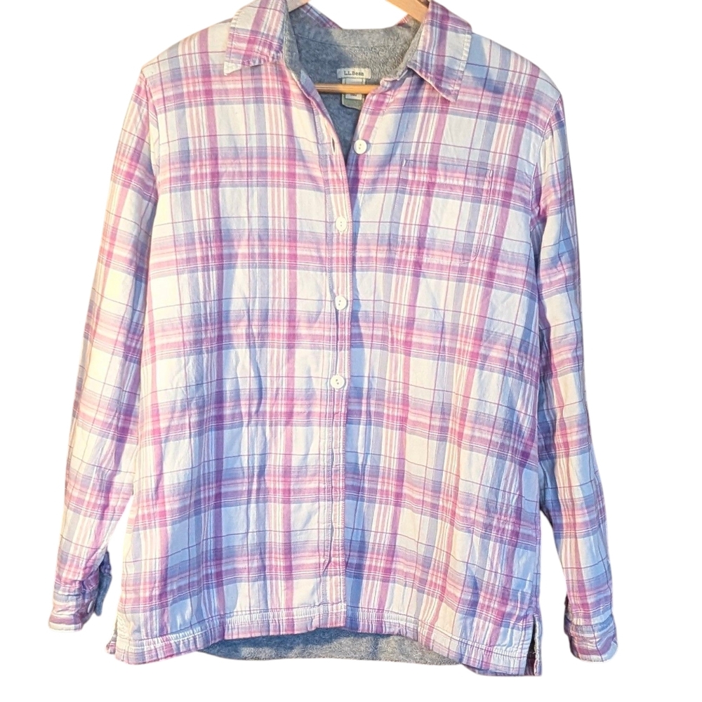 L.L. Bean Pink and White Plaid Fleece-Lined Shacket Women's M Cozy Classic Cabin